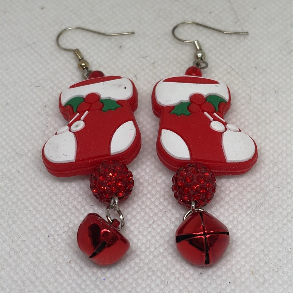 Handmade Christmas Stocking Rhinestone Bell Earrings - Picture 10 of 13